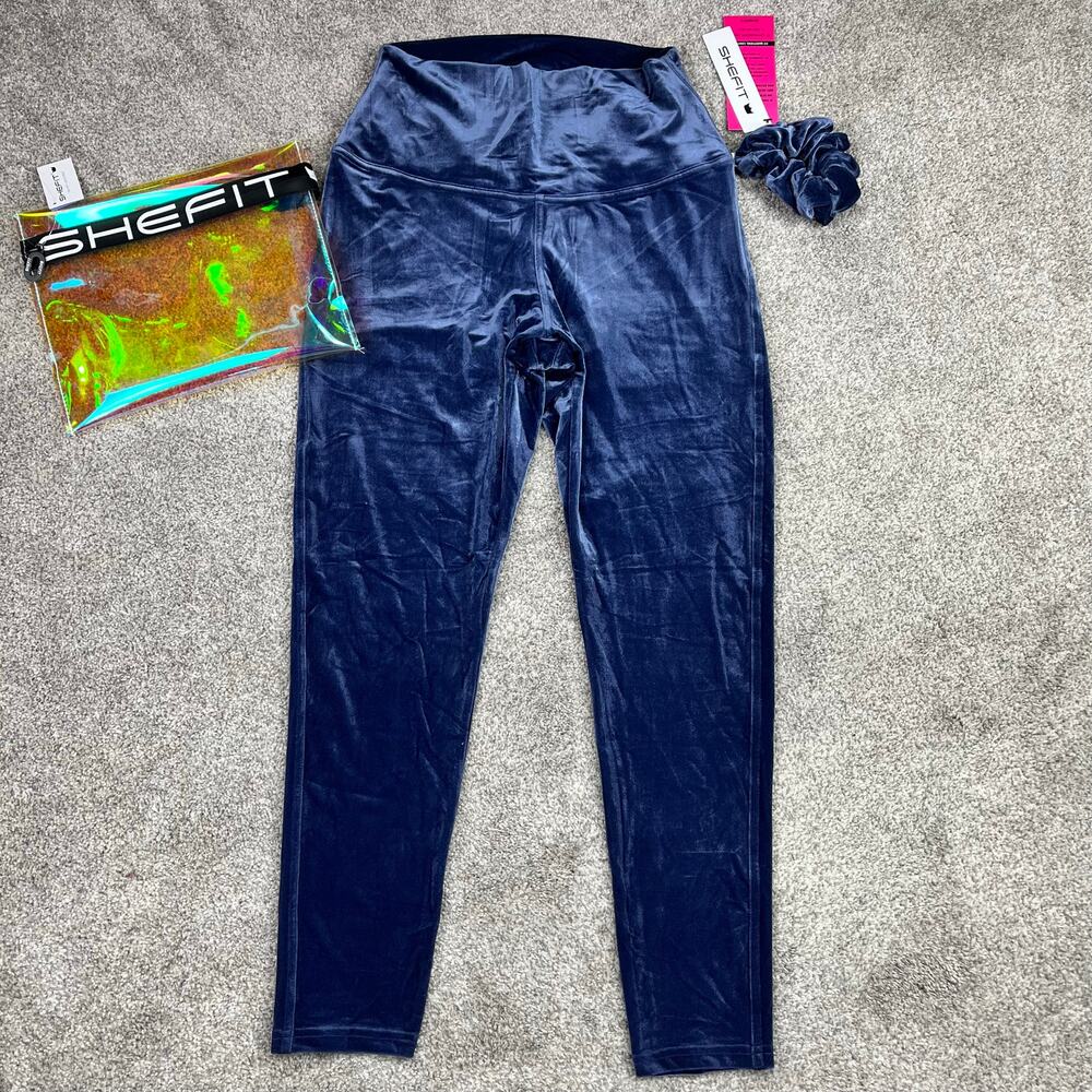 NWT! SheFit 2 Luxe Blue Velvet Leggings, scrunchie, & bag